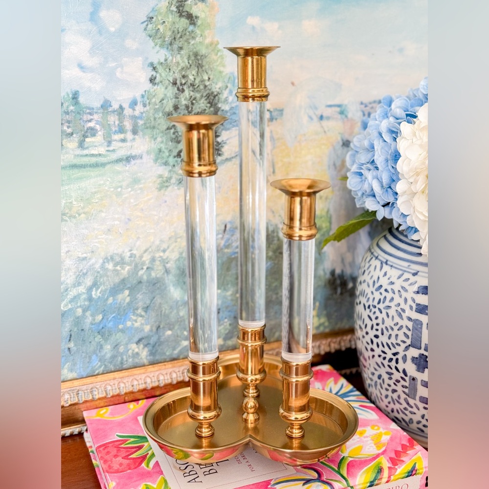 Vintage Brass & Acrylic Lucite Candelabra 3 Candlestick Taper Candle Holder MCM